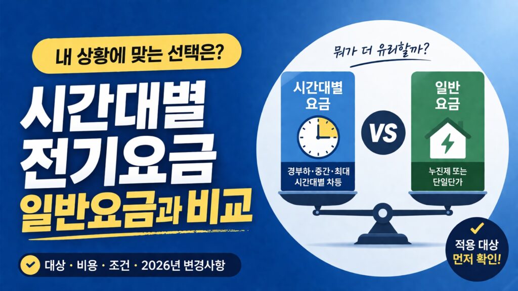 시간대별 전기요금과 일반요금을 비교하며 적용 대상과 비용 조건을 확인하는 정보형 블로그 썸네일.