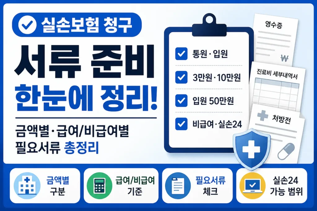 실손보험 청구에 필요한 영수증·처방전·진료비 세부내역서와 통원·입원 금액 기준, 비급여, 실손24 범위를 한눈에 보여주는 정보형 썸네일.