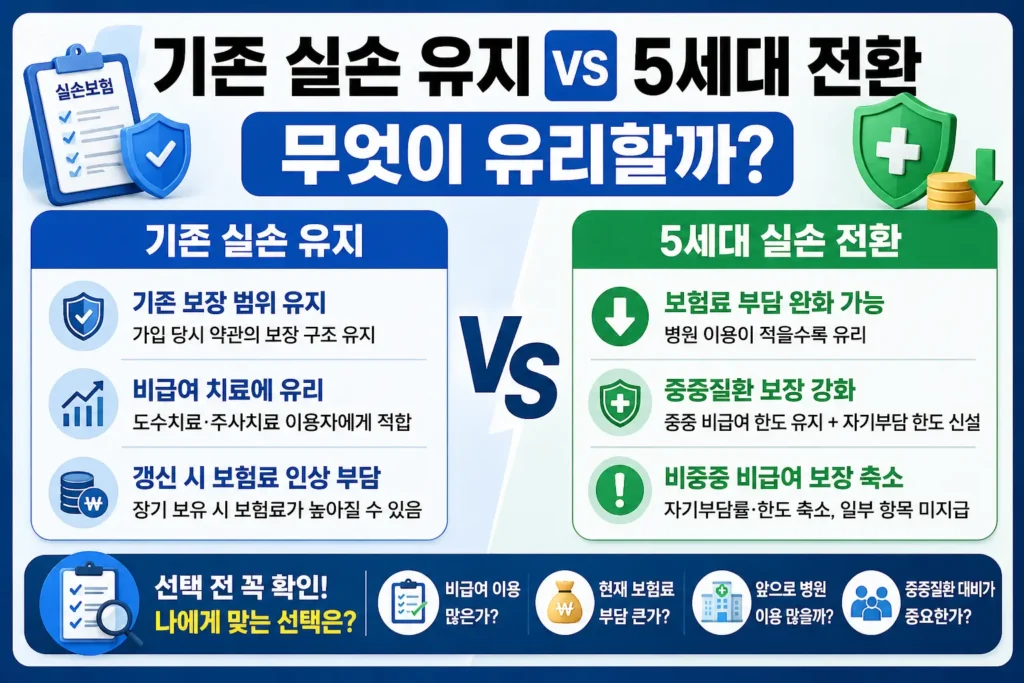 기존 실손 유지와 5세대 실손 전환을 좌우 비교하며 보험료 부담, 비급여 이용, 보장 축소 여부를 확인하는 정보형 썸네일입니다.
