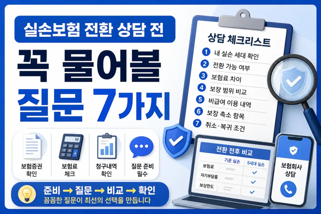 실손보험 전환 상담 전에 보험증권, 보험료, 청구내역과 보장 차이를 질문 목록으로 확인하는 정보형 썸네일입니다.