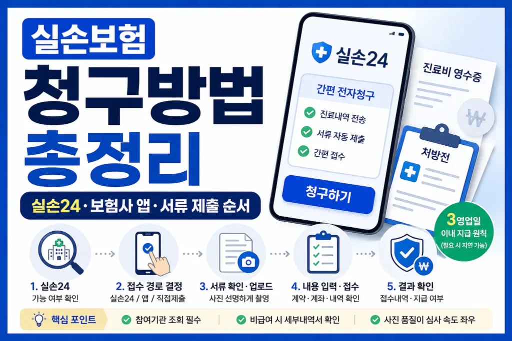 실손보험 청구 절차를 안내하는 썸네일로, 실손24 앱 화면과 영수증·처방전 서류, 단계별 접수 흐름 아이콘을 배치해 실손24 가능 여부 확인부터 서류 업로드와 결과 확인까지의 청구방법을 한눈에 보여주는 이미지입니다.