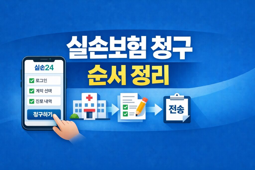 실손24 앱으로 실손보험 청구 순서를 한눈에 보여주는 정보형 썸네일로, 스마트폰 화면의 체크리스트와 병원·서류·전송 아이콘이 단계 흐름을 설명하는 이미지입니다.