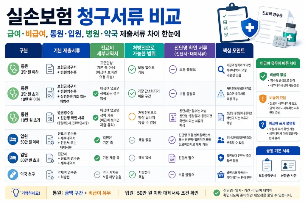실손보험 청구서류 차이를 비교해 보여주는 썸네일로, 병원·약국 영수증과 체크리스트 문서 아이콘을 중심에 두고 통원·입원, 급여·비급여에 따라 제출서류가 어떻게 달라지는지 한눈에 정리한 이미지입니다.
