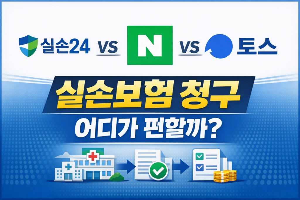 실손24·네이버·토스를 비교하며 실손보험 청구를 어디서 더 편하게 할지 한눈에 보여주는 정보형 블로그 썸네일.