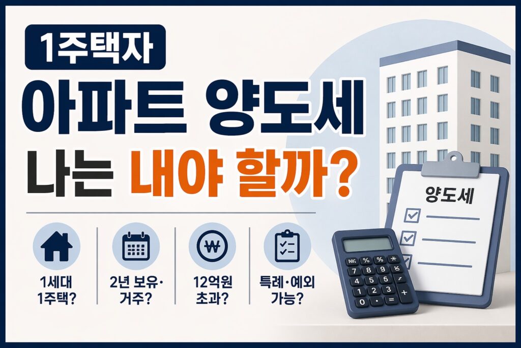 아파트와 양도세 체크리스트 아이콘을 함께 배치해 1주택자의 아파트 양도세가 비과세인지 과세 대상인지 핵심 기준을 확인하는 정보형 썸네일.