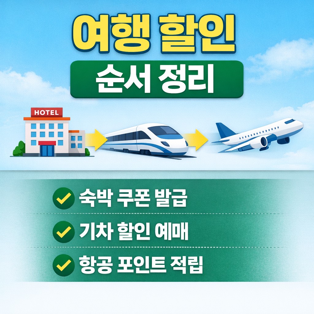 숙박쿠폰 발급, 기차 할인 예매, 항공 포인트 적립 순서를 호텔·열차·비행기 아이콘으로 정리한 여행 할인 신청 썸네일.