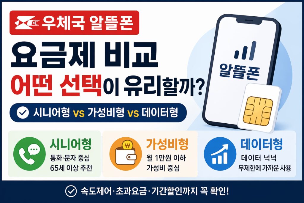 우체국 알뜰폰 요금제를 시니어형·가성비형·데이터형으로 나눠 비교하며 어떤 선택이 유리한지 보여주는 정보형 썸네일 이미지입니다.