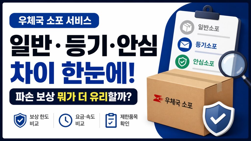 우체국 일반소포, 등기소포, 안심소포의 차이와 파손 보상 유불리를 한눈에 비교하는 정보형 썸네일 이미지.