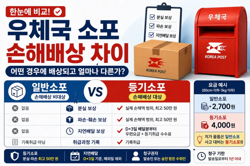 우체국 일반소포와 등기소포의 손해배상 차이를 비교하는 썸네일로, 일반소포 비대상과 등기소포 배상 대상 구분, 택배 상자와 체크보드가 함께 배치된 정보형 이미지.