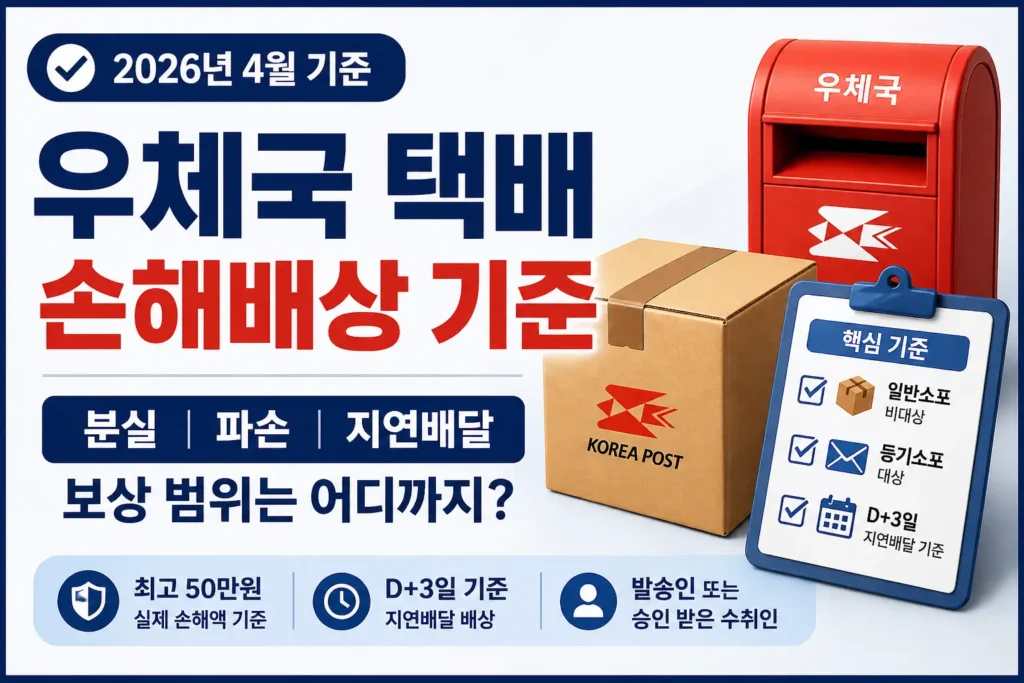 우체국 택배 손해배상 기준을 설명하는 썸네일로, 손해배상 기준 문구와 함께 택배 상자, 우체국 우편함, 일반소포와 등기소포 구분이 표시된 체크보드가 배치된 정보형 이미지.