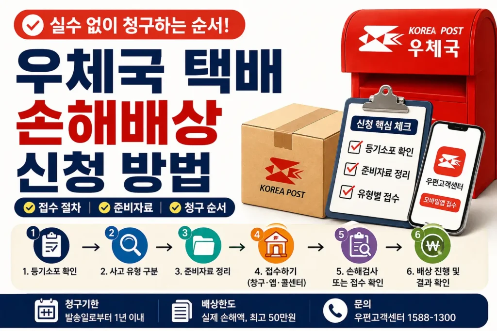 우체국 택배 손해배상 신청 방법을 안내하는 썸네일로, 택배 상자와 우체국 우편함, 체크리스트와 모바일앱 화면을 함께 배치해 접수 절차와 준비자료, 청구 순서를 보여주는 정보형 이미지.