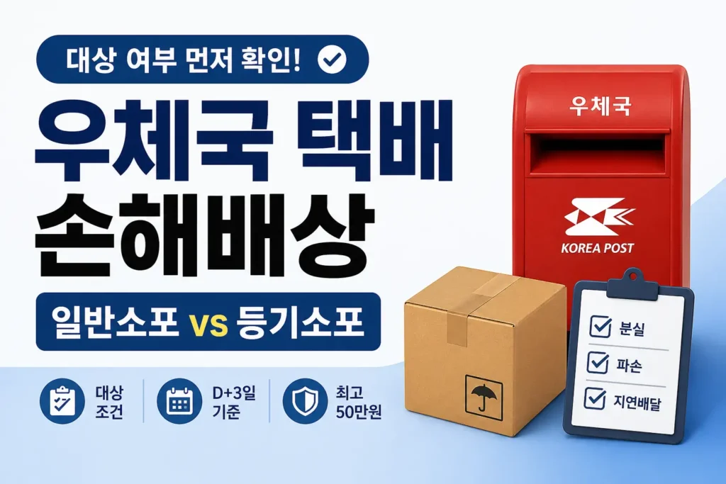 우체국 택배 손해배상 대상 여부를 확인하는 썸네일로, 일반소포와 등기소포 비교 문구와 택배 상자, 체크리스트가 함께 배치된 정보형 이미지.