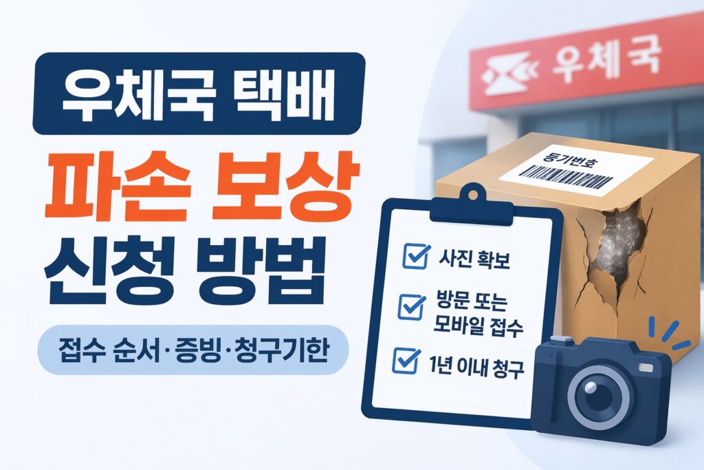파손된 우체국 택배 상자와 체크리스트, 카메라 아이콘을 배치해 보상 신청 절차와 증빙 준비, 청구기한 확인이 핵심임을 보여주는 정보형 썸네일.