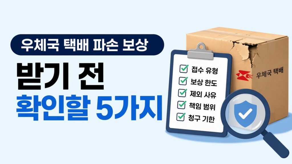 파손된 우체국 택배 상자와 체크리스트를 함께 배치해 보상 가능 여부를 확인할 때 먼저 봐야 할 핵심 항목을 보여주는 블로그 썸네일.