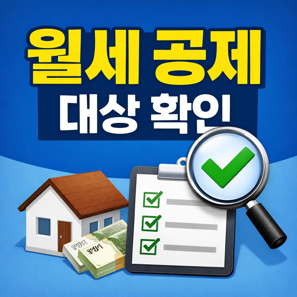 월세 세액공제 대상 여부를 확인하는 주제를 담은 썸네일로, 큰 확인 문구와 함께 집, 월세 비용, 체크리스트, 돋보기가 배치된 정보형 이미지.