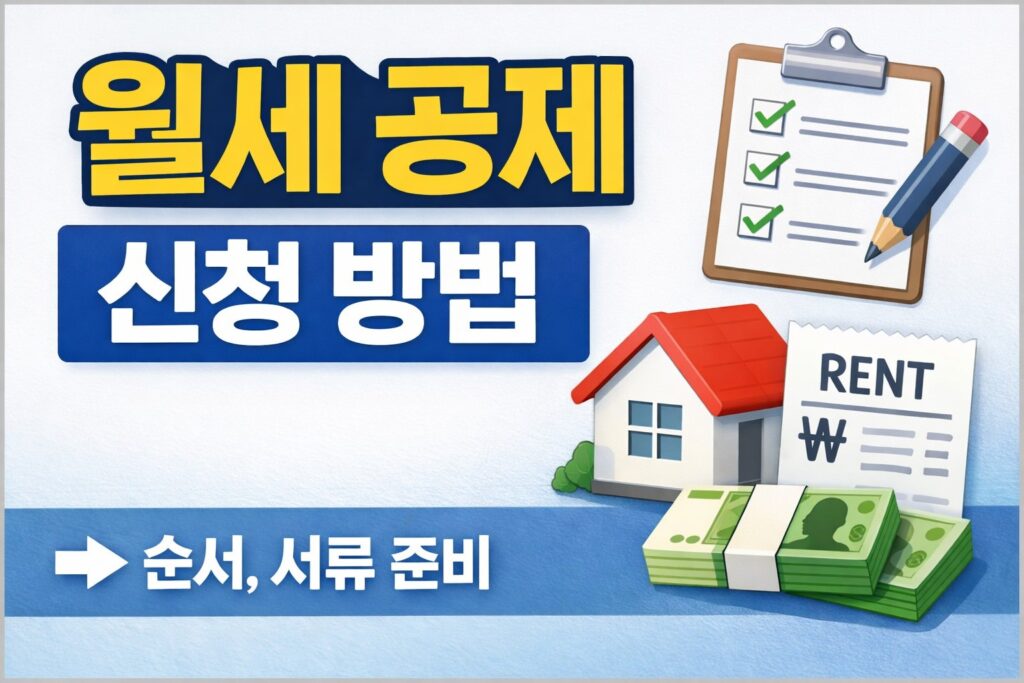 월세 세액공제 신청 절차를 주제로, 체크리스트와 임대차 관련 아이콘으로 서류 준비와 신청 방법을 한눈에 보여주는 블로그 썸네일.