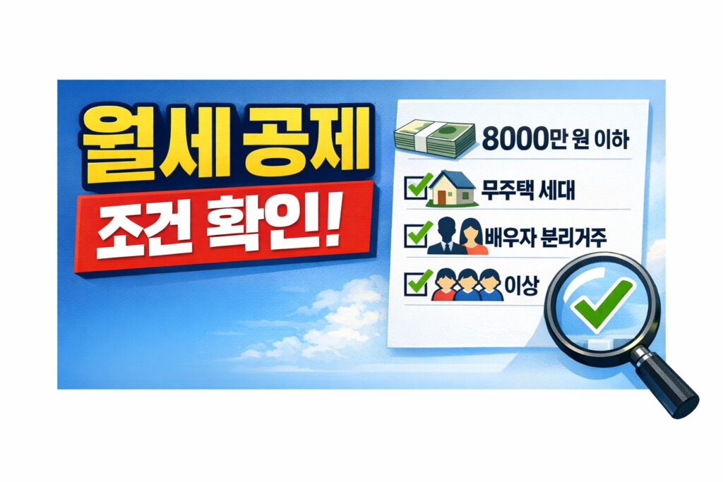 월세 세액공제 대상 여부를 확인할 수 있도록 소득 기준, 무주택 세대, 배우자 분리거주, 자녀 기준을 체크리스트와 돋보기 아이콘으로 정리한 정보형 블로그 썸네일.