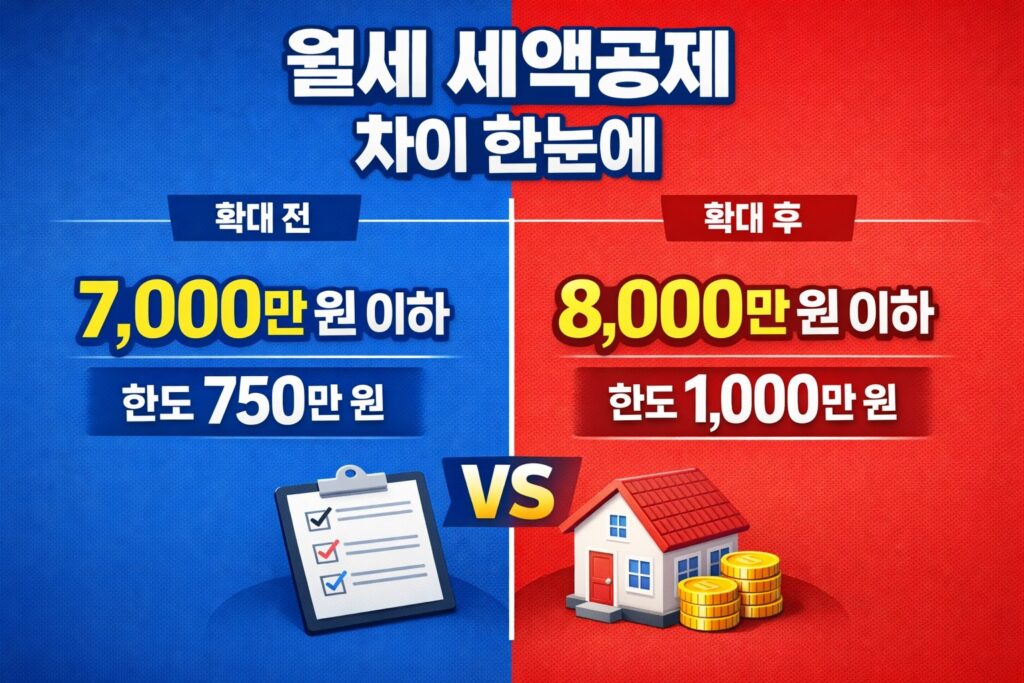 월세 세액공제 확대 전후를 좌우 비교 구도로 보여주며, 소득기준과 공제 한도 변화의 핵심 차이를 한눈에 정리한 블로그 썸네일.