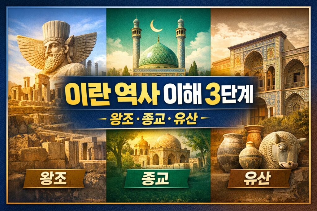 이란 역사를 왕조, 종교, 유산의 3단계로 이해하는 흐름을 보여주는 정보형 블로그 썸네일.