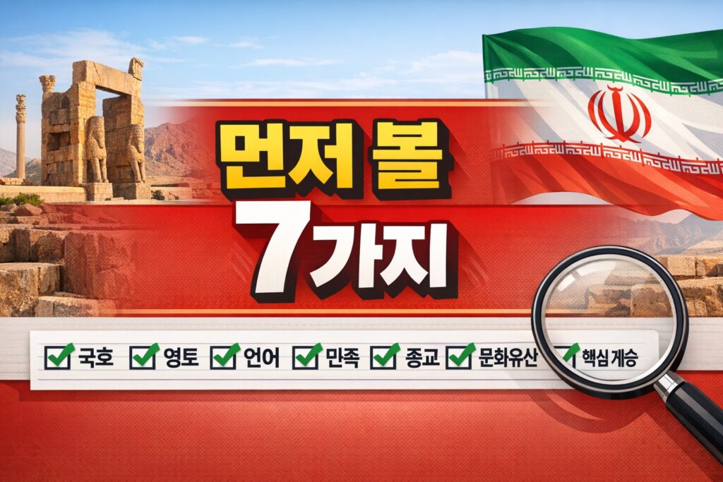페르시아 유적과 이란 국기를 배경으로, 이란이 페르시아의 후예인지 7가지 기준으로 확인하는 정보형 썸네일