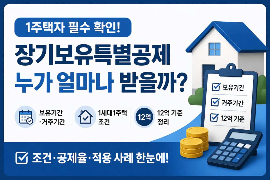 파란색 정보형 썸네일에 집, 체크리스트, 계산기 아이콘과 함께 1주택 장기보유특별공제의 보유기간·거주기간·12억 기준을 확인하는 내용을 보여주는 이미지.