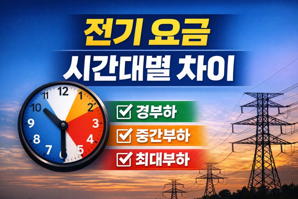 전기요금 시간대별 차이를 설명하는 썸네일로, 시계와 송전탑 배경 위에 경부하·중간부하·최대부하 구분이 크게 표시된 이미지.