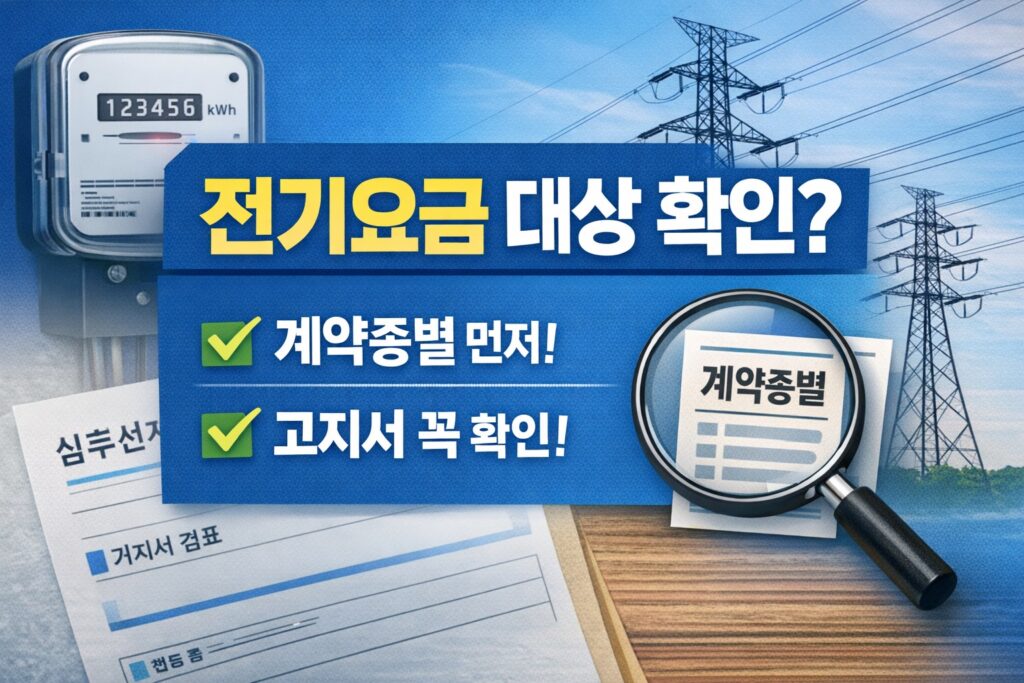 전기요금 시간대별 요금제 대상 여부를 확인하기 위해 계약종별과 고지서를 먼저 살펴보는 매장용 안내 썸네일.