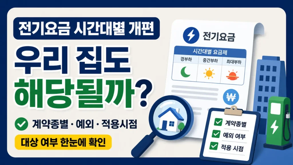 전기요금 시간대별 개편에 우리 집이 해당되는지 확인하는 썸네일로, 전기요금 고지서와 돋보기, 체크리스트, 건물과 EV 충전기 아이콘을 함께 배치해 계약종별·예외 여부·적용 시점을 한눈에 점검하는 이미지를 보여줍니다.