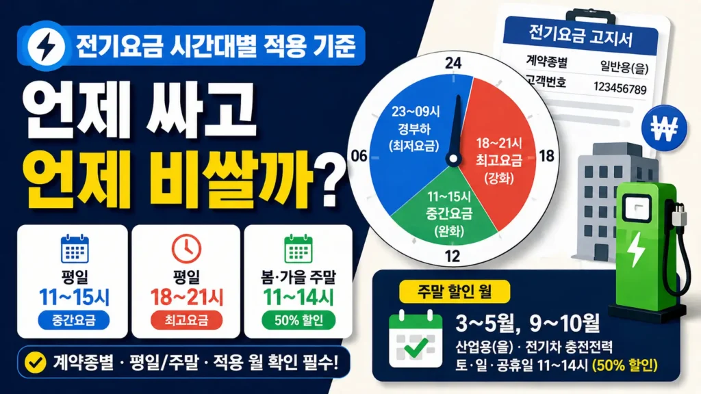 전기요금 시간대별 적용 기준을 설명하는 썸네일로, 시계형 시간표와 전기요금 고지서, 건물과 EV 충전기 아이콘을 함께 배치해 언제는 완화되고 언제는 최고요금이 되는지, 주말 할인 월은 언제인지 한눈에 보여주는 이미지입니다.