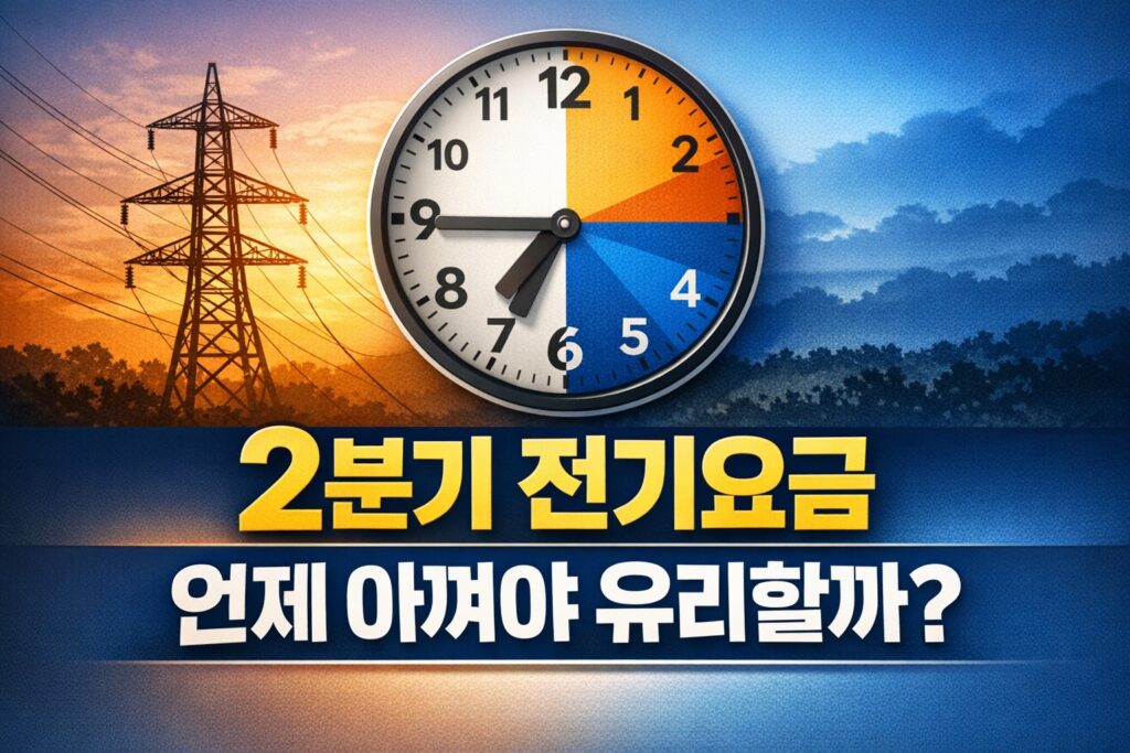송전탑과 시간대가 표시된 시계를 배경으로 2분기 사업장 전기요금에서 언제 전기를 써야 유리한지 안내하는 정보형 썸네일.