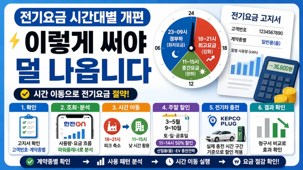 전기요금 시간대별 개편에 맞춰 덜 나오는 시간대로 사용을 옮기는 방법을 보여주는 썸네일로, 시간대 시계와 전기요금 고지서, 계산기, 단계별 체크 카드, EV 충전 아이콘을 배치해 계약종별 확인부터 사용 패턴 분석, 시간 이동, 주말 할인, 청구서 비교까지 한눈에 정리한 이미지입니다.