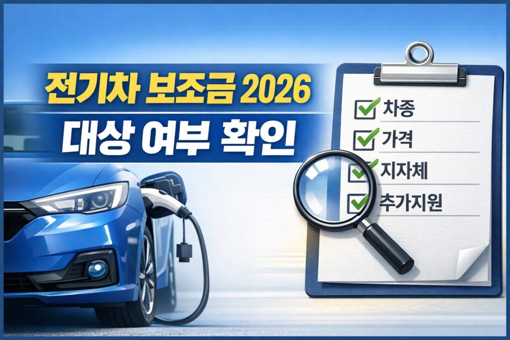 파란 전기차와 체크리스트, 돋보기를 함께 배치해 2026년 전기차 보조금 대상 여부를 먼저 확인하는 정보형 블로그 썸네일입니다.