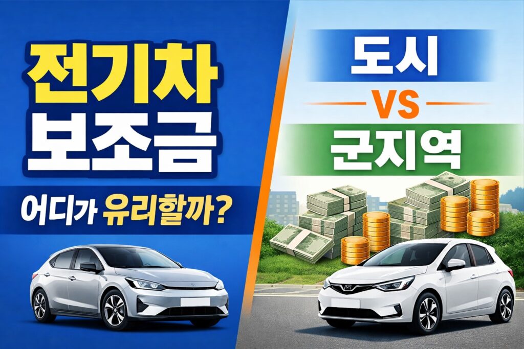 도시와 군지역의 전기차 보조금 차이를 비교하며 어디가 더 유리한지 보여주는 정보형 썸네일 이미지.