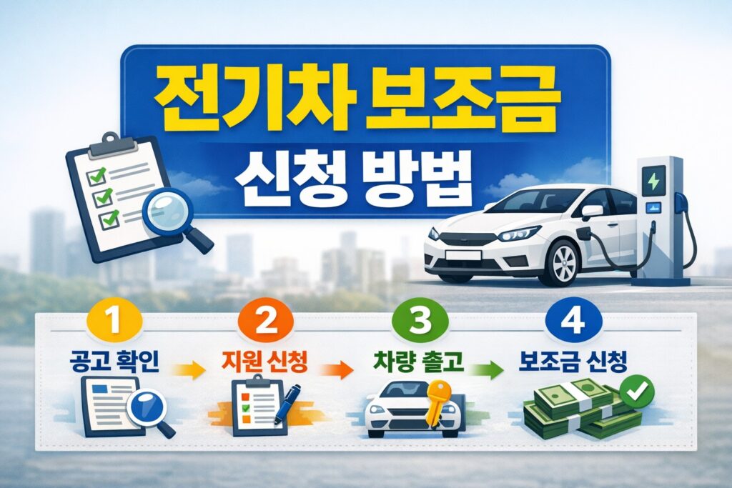전기차 보조금 신청 절차를 공고 확인부터 차량 출고와 보조금 신청까지 순서대로 보여주는 정보형 썸네일.