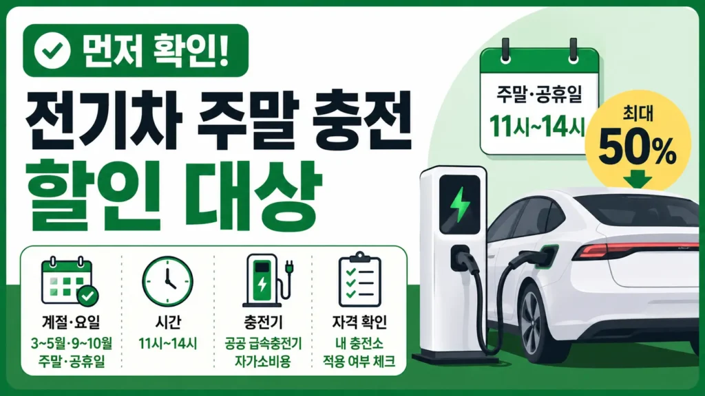 전기차 충전소와 체크 아이콘을 배치해 주말·공휴일 11시~14시 충전 할인 대상 조건을 확인하도록 안내하는 썸네일입니다.