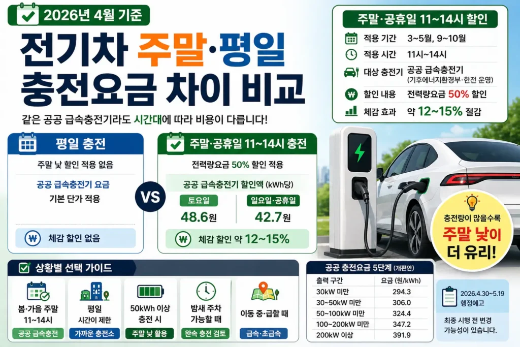 평일 충전과 주말·공휴일 11~14시 충전을 비교해 전기차 충전요금 차이와 공공 급속충전기 할인 조건을 한눈에 보여주는 썸네일입니다.