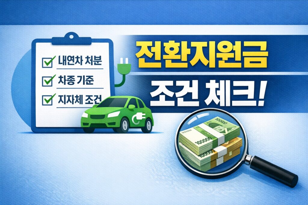 전기차 전환지원금 조건을 확인하는 정보형 썸네일로, 체크리스트와 전기차 아이콘을 통해 내연차 처분·차종 기준·지자체 조건을 점검하는 내용을 보여준다.