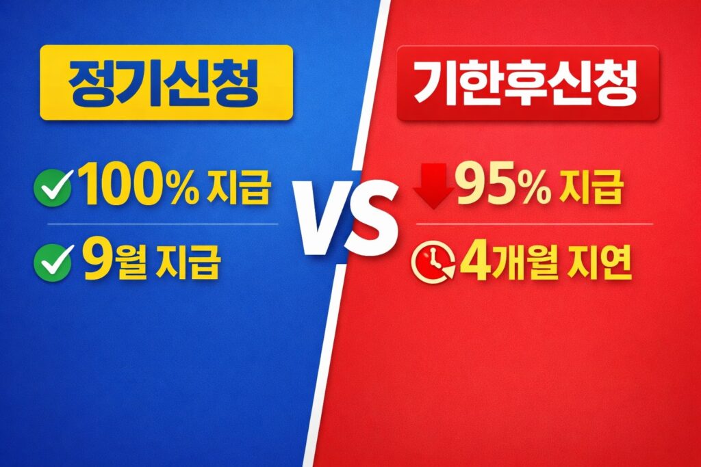 근로장려금 정기신청과 기한후신청의 차이를 100% 지급과 95% 지급, 지급 시기 비교로 보여주는 정보형 썸네일.