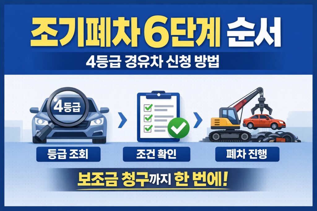 4등급 경유차 조기폐차 신청 절차를 등급 조회, 조건 확인, 폐차 진행, 보조금 청구 흐름으로 정리한 정보형 블로그 썸네일입니다.