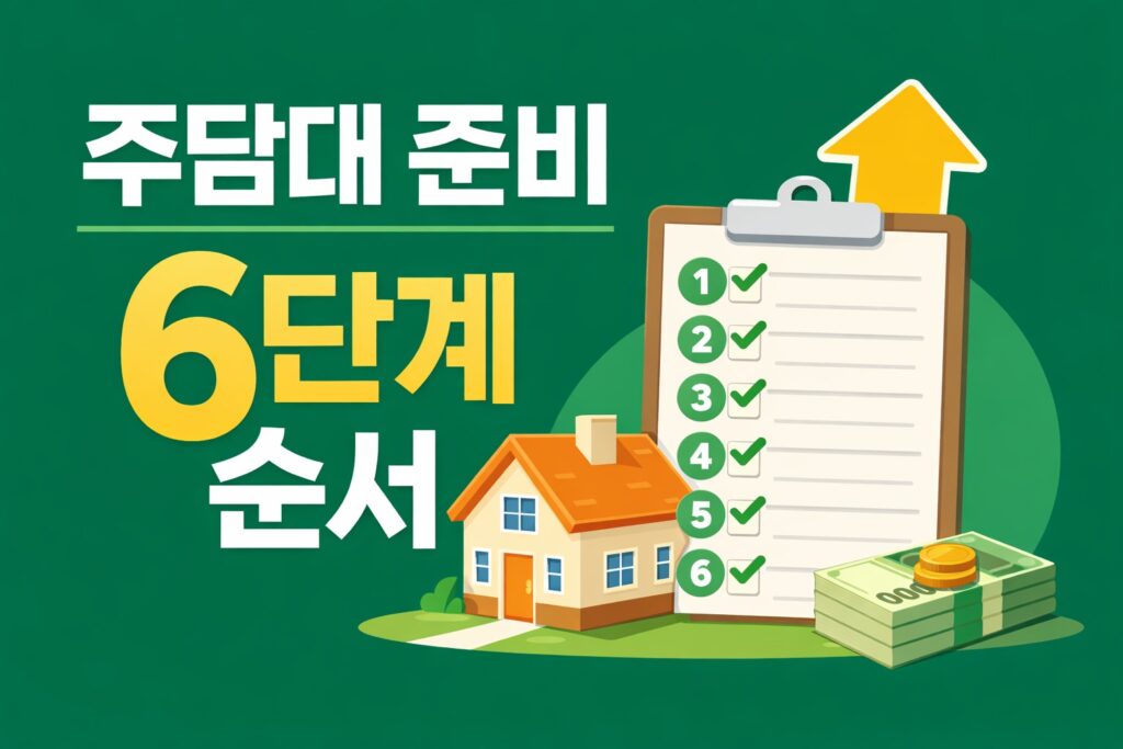 주택담보대출을 준비할 때 확인해야 할 6단계 순서를 집, 체크리스트, 자금 아이콘으로 정리한 정보형 블로그 썸네일입니다.