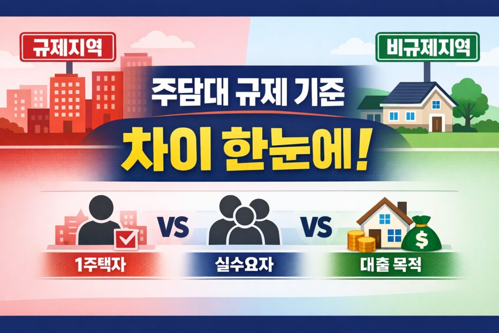 규제지역과 비규제지역을 배경으로 주담대 규제 기준의 차이를 한눈에 보여주고, 1주택자·실수요자·대출 목적별 확인 포인트를 강조한 정보형 썸네일입니다.