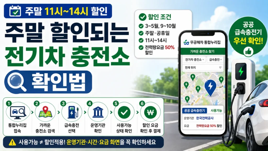 무공해차 통합누리집 조회 화면과 전기차 충전소 아이콘을 통해 주말 할인 충전소를 찾고 운영기관·시간·요금 화면을 확인하는 방법을 안내하는 썸네일입니다.