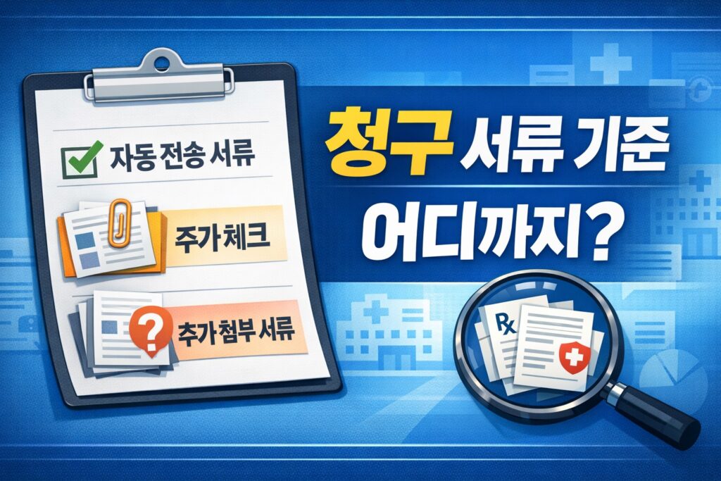 실손24 보험 청구에서 자동 전송 서류와 추가 첨부 서류의 구분 기준을 한눈에 보여주는 정보형 썸네일.
