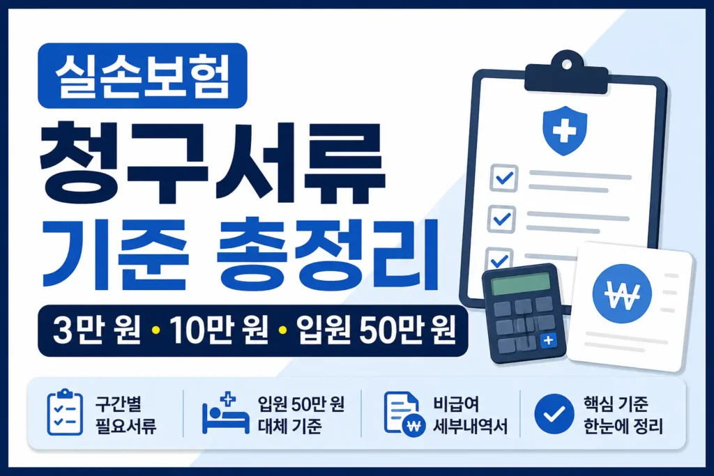 실손보험 청구서류의 금액 구간별 기준을 한눈에 보여주는 썸네일로, 체크리스트 문서와 계산기 아이콘, ‘3만 원·10만 원·입원 50만 원’ 기준 문구를 중심으로 필요서류와 비급여 세부내역서 확인 포인트를 정리한 이미지입니다.