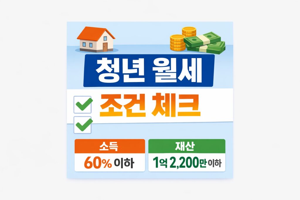 청년월세 지원의 소득과 재산 기준을 확인하는 정보형 썸네일로, 집과 돈 아이콘, 체크 표시, ‘청년월세 조건 체크’ 문구와 함께 소득 60% 이하 및 재산 1억 2,200만 원 이하 기준이 강조된 이미지.