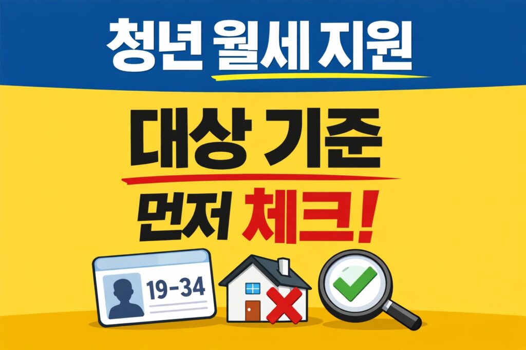 청년월세 지원 대상 여부를 먼저 확인하라는 의미로 연령, 주거, 확인 아이콘을 단순하게 배치한 정보형 썸네일.