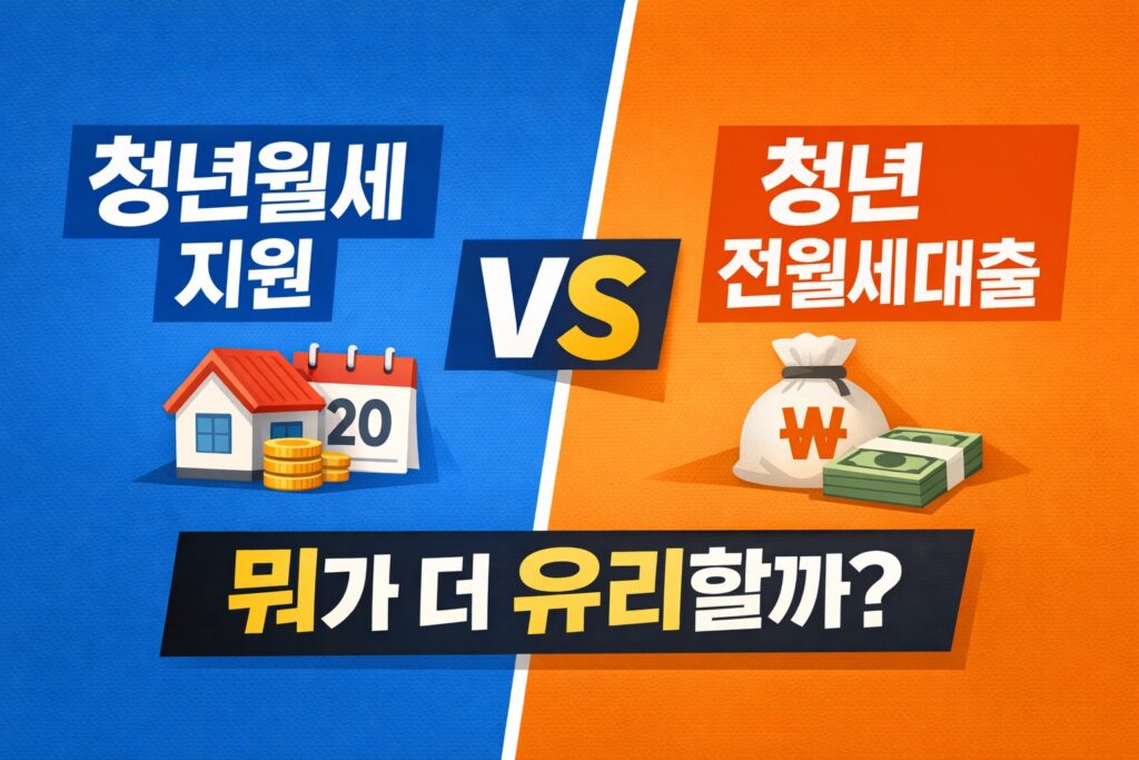 청년월세 지원과 청년 전월세대출을 좌우 비교 구도로 보여주며, 내 상황에 더 유리한 선택을 비교하는 정보형 블로그 썸네일.