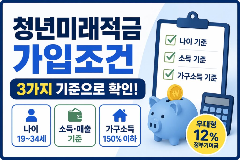 청년미래적금의 가입조건을 나이·소득·가구소득 3가지 기준으로 확인하는 내용을 체크리스트와 저금통 아이콘으로 보여주는 정보형 썸네일입니다.