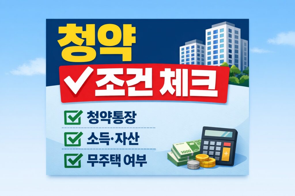 수도권 공공주택 청약 준비에 필요한 조건 확인을 주제로, 청약통장·소득 자산·무주택 여부를 체크리스트 형태로 보여주는 정보형 블로그 썸네일.