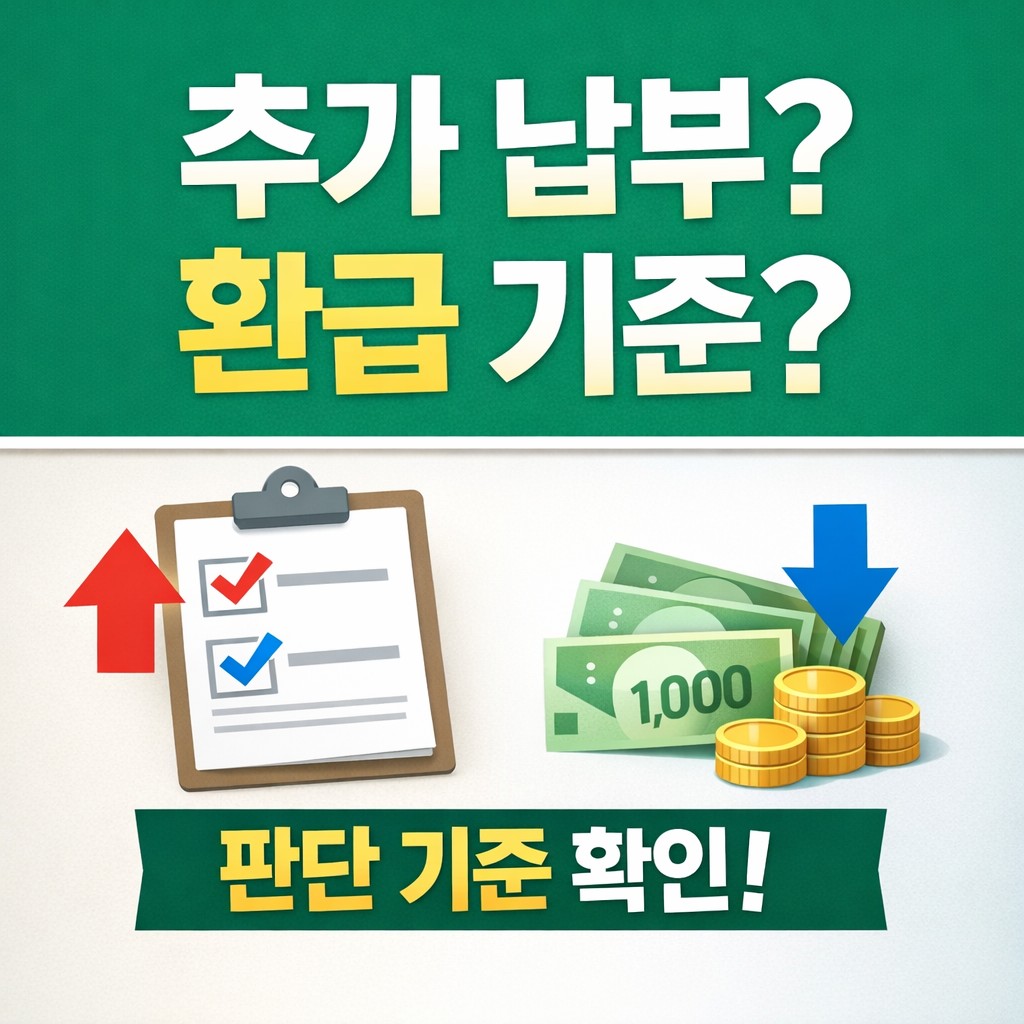 건강보험료 추가 납부와 환급이 어떻게 갈리는지 핵심 기준을 체크리스트와 돈 아이콘으로 보여주는 정보형 블로그 썸네일.